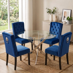 Oira Homes Modern Round Glass Dining Table Set With 4 Blue Velvet Chairs 4 Seater Dining Table Set - thumbnail 2