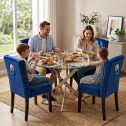 Oira Homes Modern Round Glass Dining Table Set With 4 Blue Velvet Chairs 4 Seater Dining Table Set - thumbnail 3