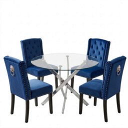 Oira Homes Modern Round Glass Dining Table Set With 4 Blue Velvet Chairs 4 Seater Dining Table Set - thumbnail 1