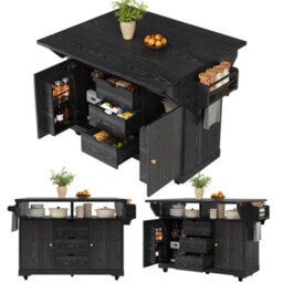 Matteo Foldable Serving Trolley, 95Cm Ergonomic Kitchen Island With Storage - Black - thumbnail 7