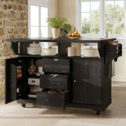 Matteo Foldable Serving Trolley, 95Cm Ergonomic Kitchen Island With Storage - Black - thumbnail 2