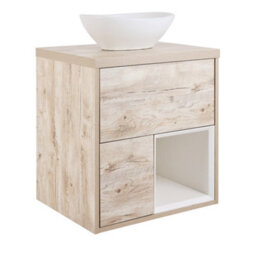Homestylestore Light Oak 594mm Led Lit Wall Hung Bathroom Vanity Unit Oval Chalk Countertop Basin Open Shelf