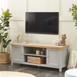Beliani 130Cm Tv Stand Grey Body With Light Wood Top, Cable Management, Doors And Open Shelves - thumbnail 2