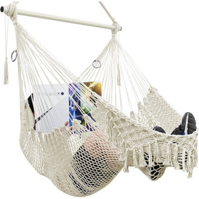 Beige Hammock Chair,mesh Swing Chair, Cotton Rope Handwoven Chair With Collapsible Met - image 1