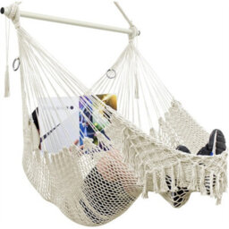 Beige Hammock Chair,mesh Swing Chair, Cotton Rope Handwoven Chair With Collapsible Met