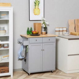 Rolling Kitchen Island, Utility Serving Cart With Rubber Wood Top Grey - thumbnail 6