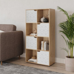 Urbn-Living Urbnliving 119Cm Height 8 Cubes Oak Wooden Bookcase Display Shelf Storage Cabinet With Modern Geo White Door - thumbnail 3