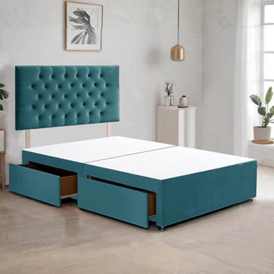 Emerald Green Plush Fabric 6Ft Super King Bed Frame With 20 Inch Chesterfiled Headboard And 2 Drawers - image 1