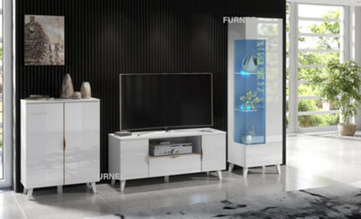 Furneo High Gloss & Matt White Living Room Set Tv Stand Display Cabinet Sideboard Azzurro 8/12/14 Blue Led Lights - image 1