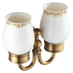Pepte Antique Brass Bathroom Ceramics Double Toothbrush Tumbler Holder Wall Mounted - thumbnail 1