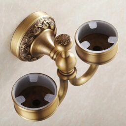 Pepte Antique Brass Bathroom Ceramics Double Toothbrush Tumbler Holder Wall Mounted - thumbnail 4
