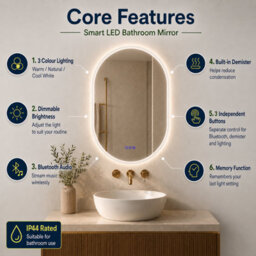 Maerts-E 600X800mm Oval Bluetooth Led Bathroom Mirror With Demister, 3 Colour Dimmable Lighting, Touch Sensor & Ip44 Wall Mounted - thumbnail 2