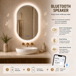 Maerts-E 600X800mm Oval Bluetooth Led Bathroom Mirror With Demister, 3 Colour Dimmable Lighting, Touch Sensor & Ip44 Wall Mounted - thumbnail 6