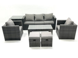 Fimous Rattan Garden Furniture Set Outdoor Lounger Sofa With Coffee Table 2 Armchair 2 Small Footstools Side Table Dark Grey Mixed - thumbnail 2