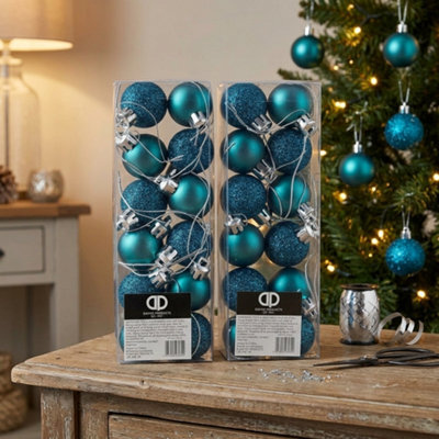 24 Piece Mini Christmas Tree Baubles Glitter Decorations Teal Ocean Blue - image 1