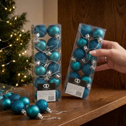 24 Piece Mini Christmas Tree Baubles Glitter Decorations Teal Ocean Blue - thumbnail 4