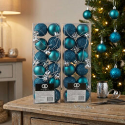 24 Piece Mini Christmas Tree Baubles Glitter Decorations Teal Ocean Blue - thumbnail 1