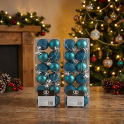 24 Piece Mini Christmas Tree Baubles Glitter Decorations Teal Ocean Blue - thumbnail 2