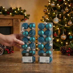 24 Piece Mini Christmas Tree Baubles Glitter Decorations Teal Ocean Blue - thumbnail 3