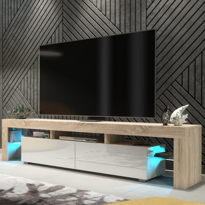 Tv Unit Nova 200Cm - Oak & White Gloss Doors And Led Lights - image 1