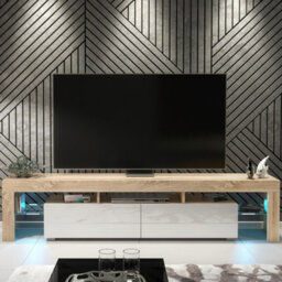 Tv Unit Nova 200Cm - Oak & White Gloss Doors And Led Lights - thumbnail 4