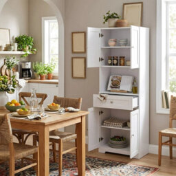 Tall Sideboard Cabinet 4 Doors 1 Drawer Kitchen Tall Storage - thumbnail 4