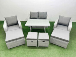 Fimous Rattan Garden Furniture Dining Set 8-Seater Patio Rectangular Table Sofa Set With 4 Stools Light Grey - thumbnail 2