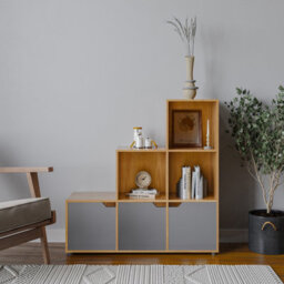 Urbn-Living Urbnliving Height 90.5Cm 6 Cube Step Storage Beech Bookcase And Grey Doors For Home Office Organizer Display Shelf Unit - thumbnail 2