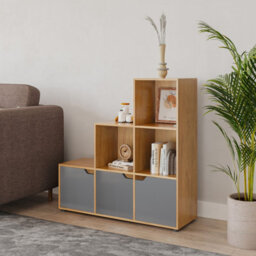 Urbn-Living Urbnliving Height 90.5Cm 6 Cube Step Storage Beech Bookcase And Grey Doors For Home Office Organizer Display Shelf Unit - thumbnail 3
