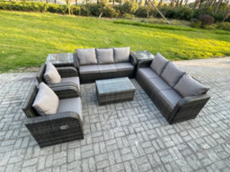 Fimous Rattan Outdoor Garden Furniture Sofa Set Patio Table & Chairs Set With 3 Seater Sofa Reclining Chair 2 Side Tables - thumbnail 2