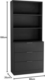 Urbn-Living Urbnliving Height 180Cm Black Drawers & Black Bookcase 80Cm Width 3 Tier Wooden Storage Chest Cabinet & Display Bookcase Shelving - thumbnail 2