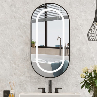 Keepreaper Sleek Led Bathroom Mirror Cabinet 42X80 Oval Black Wall Mounted With Storage And 2 Glass Shelves Bathroom Cabinet - image 1