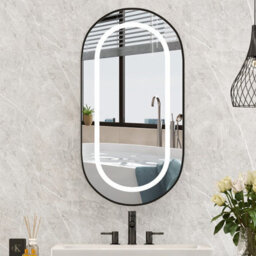Keepreaper Sleek Led Bathroom Mirror Cabinet 42X80 Oval Black Wall Mounted With Storage And 2 Glass Shelves Bathroom Cabinet - thumbnail 1