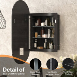 Keepreaper Sleek Led Bathroom Mirror Cabinet 42X80 Oval Black Wall Mounted With Storage And 2 Glass Shelves Bathroom Cabinet - thumbnail 5