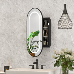 Keepreaper Sleek Led Bathroom Mirror Cabinet 42X80 Oval Black Wall Mounted With Storage And 2 Glass Shelves Bathroom Cabinet - thumbnail 2