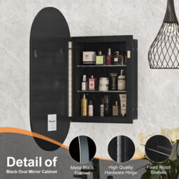 Keepreaper Sleek Led Bathroom Mirror Cabinet 42X80 Oval Black Wall Mounted With Storage And 2 Glass Shelves Bathroom Cabinet - thumbnail 3