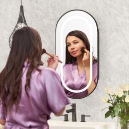 Keepreaper Sleek Led Bathroom Mirror Cabinet 42X80 Oval Black Wall Mounted With Storage And 2 Glass Shelves Bathroom Cabinet - thumbnail 6