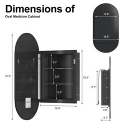 Keepreaper Sleek Led Bathroom Mirror Cabinet 42X80 Oval Black Wall Mounted With Storage And 2 Glass Shelves Bathroom Cabinet - thumbnail 7