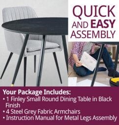 Hallowood Furniture Finley Small Round Dining Table In Black Finish With 4 Steel Grey Fabric Armchairs - thumbnail 7