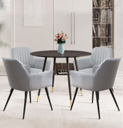 Hallowood Furniture Finley Small Round Dining Table In Black Finish With 4 Steel Grey Fabric Armchairs