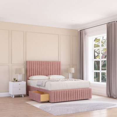 "Sloomy 4Ft6 Madison Divan Bed Base Pink Plush 2 Drawers, 12"" Footboard & 26"" Struts Headboard - Double" - image 1