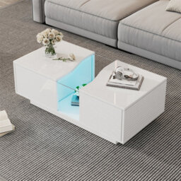 Abrihome White High-Gloss Led Coffee Table, Unique Shape With 2 Storage Drawers & 16-Colour Lighting, Modern End Table For Living Room