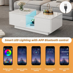 Abrihome White High-Gloss Led Coffee Table, Unique Shape With 2 Storage Drawers & 16-Colour Lighting, Modern End Table For Living Room - thumbnail 3