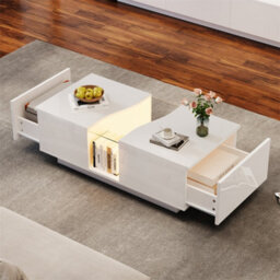 Abrihome White High-Gloss Led Coffee Table, Unique Shape With 2 Storage Drawers & 16-Colour Lighting, Modern End Table For Living Room - thumbnail 9
