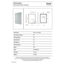 RAK Ceramics Rak Amethyst 600X800mm Illuminated Bathroom Mirror With Touch Sensor & Demister Pad - thumbnail 2