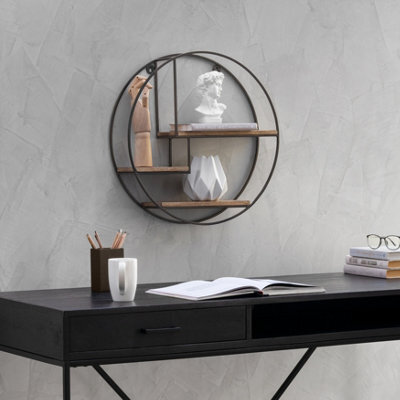 MH London Marly Wall Shelf Floating Shelf Wall Mounted Shelf Book Shelves Solid Wood & Iron Storage Shelf Bronze & Natural 49.5 Cm Round - image 1