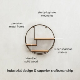 MH London Marly Wall Shelf Floating Shelf Wall Mounted Shelf Book Shelves Solid Wood & Iron Storage Shelf Bronze & Natural 49.5 Cm Round - thumbnail 4