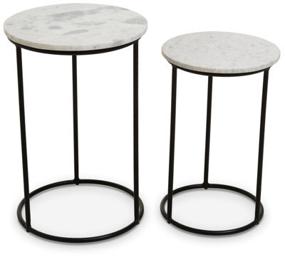 Orsina Nest Of 2 Natural Marble Top Side Tables Set, Round End Tables For Home, Black Powder Painted Bedside Tables - image 1