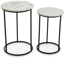 Orsina Nest Of 2 Natural Marble Top Side Tables Set, Round End Tables For Home, Black Powder Painted Bedside Tables - thumbnail 1
