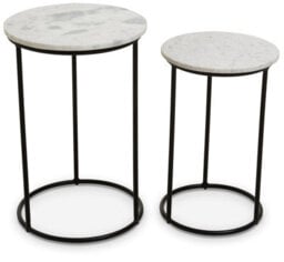 Orsina Nest Of 2 Natural Marble Top Side Tables Set, Round End Tables For Home, Black Powder Painted Bedside Tables